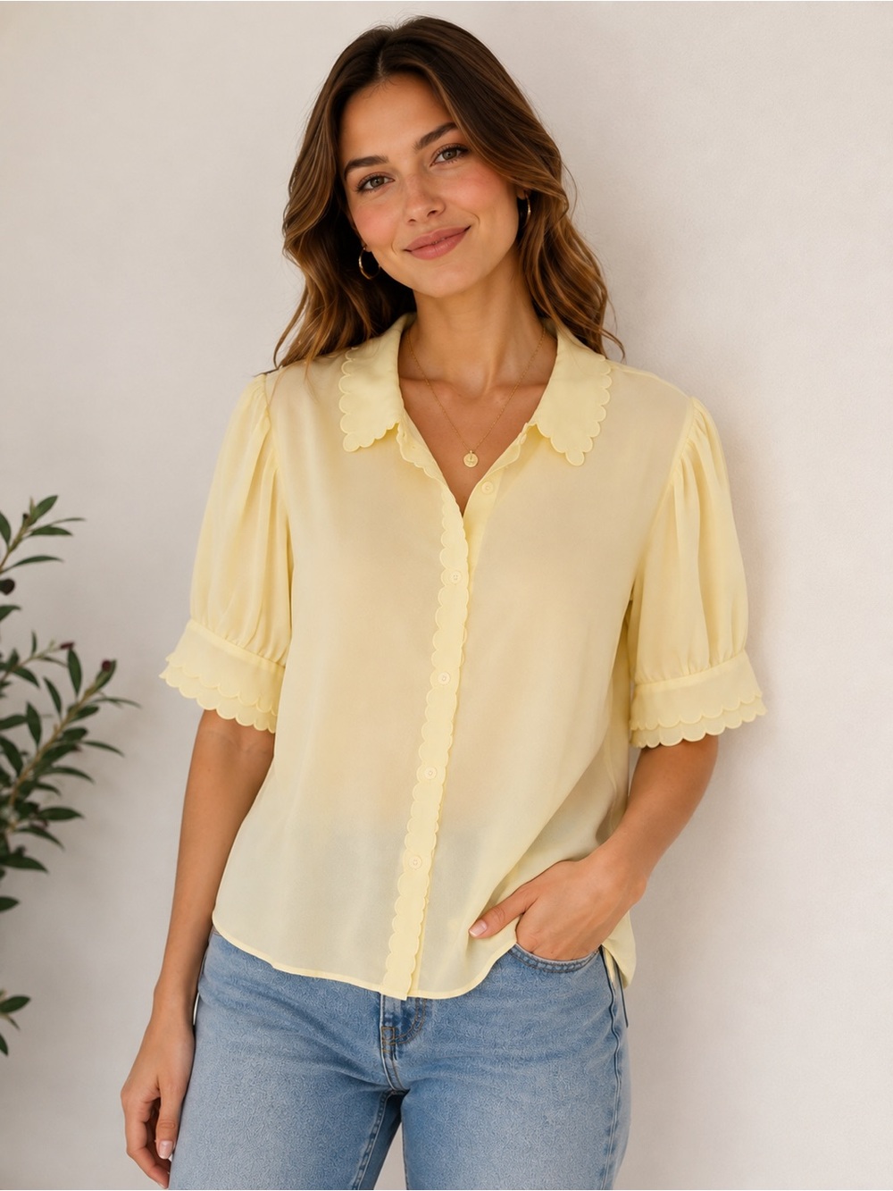 CeCe Pale Yellow Scalloped Collar Puff-Sleeve Blouse